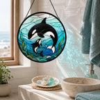 Runder Orca Glasmalerei Suncatcher - Fensterbehang mit zwei Schwertwalen in Meereswellen - Ozean Wanddeko