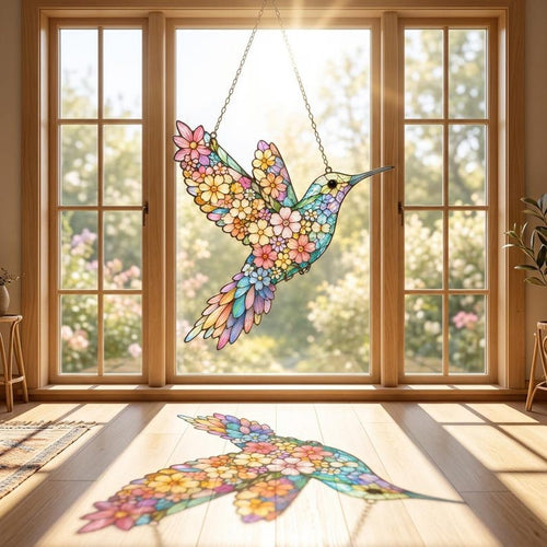 Acryl Bunter Kolibri Suncatcher, Blumenvogel Fensterschmuck, Natur Inspiriertes Garten Dekor