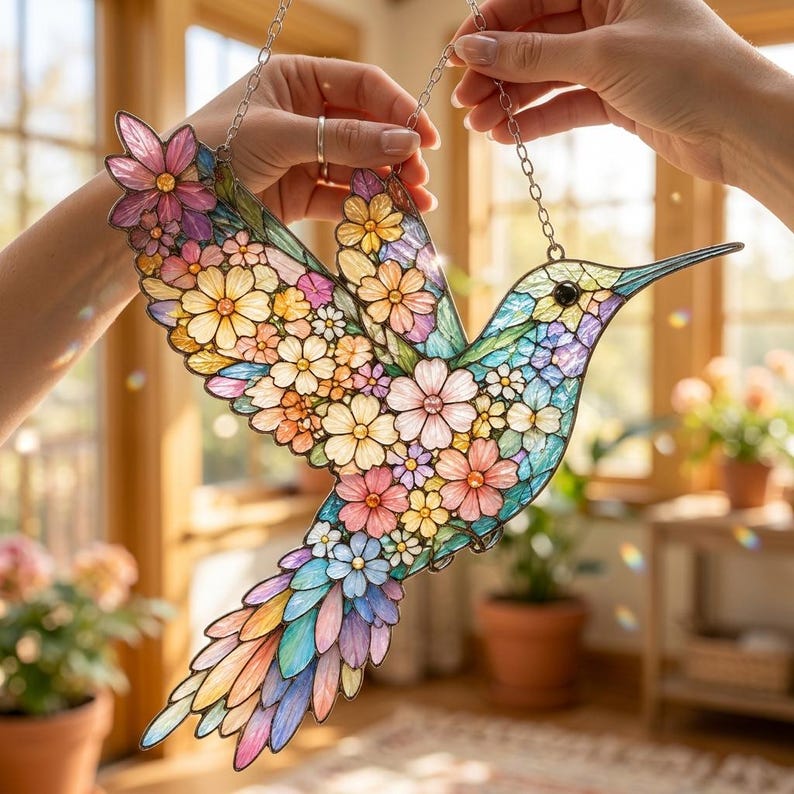Acryl Bunter Kolibri Suncatcher, Blumenvogel Fensterschmuck, Natur Inspiriertes Garten Dekor