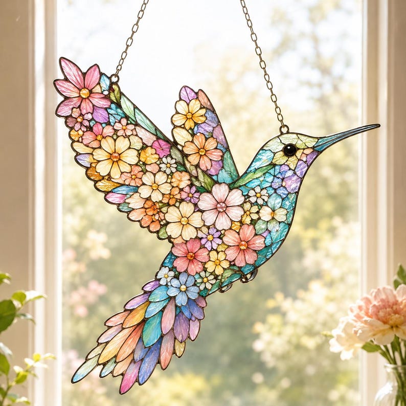 Acryl Bunter Kolibri Suncatcher, Blumenvogel Fensterschmuck, Natur Inspiriertes Garten Dekor