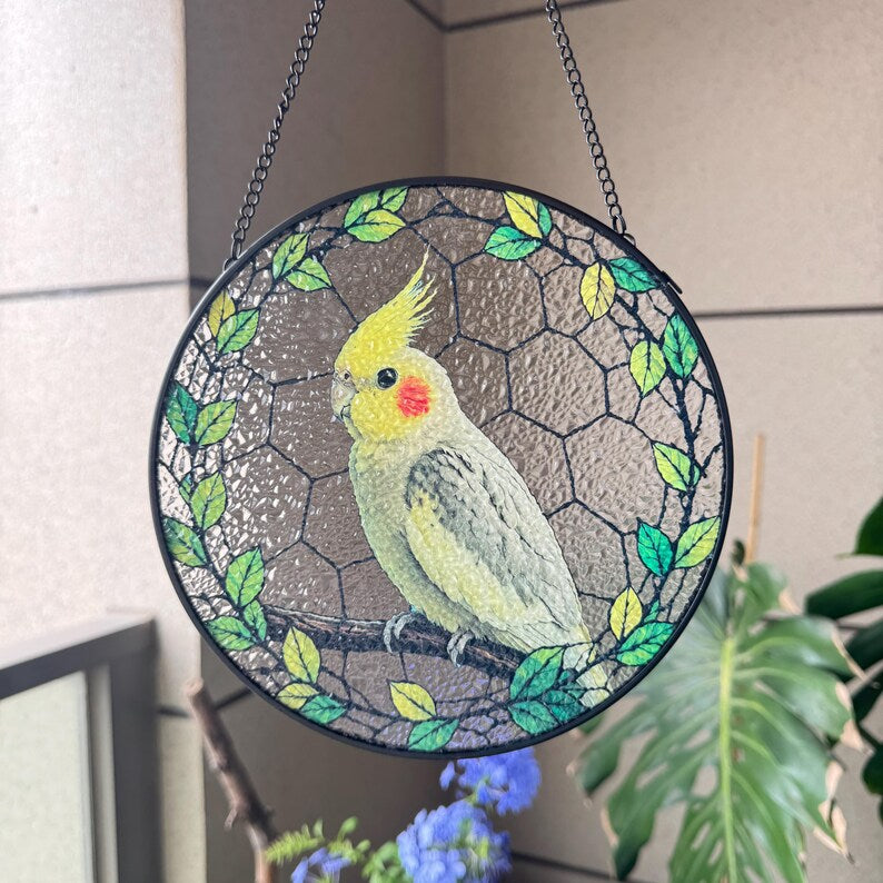 Nymphensittich Suncatcher, Glasmalerei-Gedenkfenster, Vogel-Liebhaber Geschenk, handgefertigt