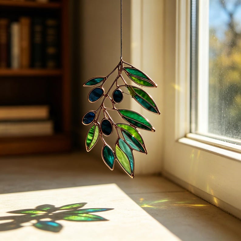 Buntglas Sonnenfänger Olivenzweig grünes Blatt Fensterhänger botanische Dekoration