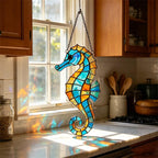 Seepferdchen Glasmalerei Suncatcher, Ozean Fensterbehang, Küstenglas Wanddekoration, Strandhaus Dekor, 4-12 Zoll