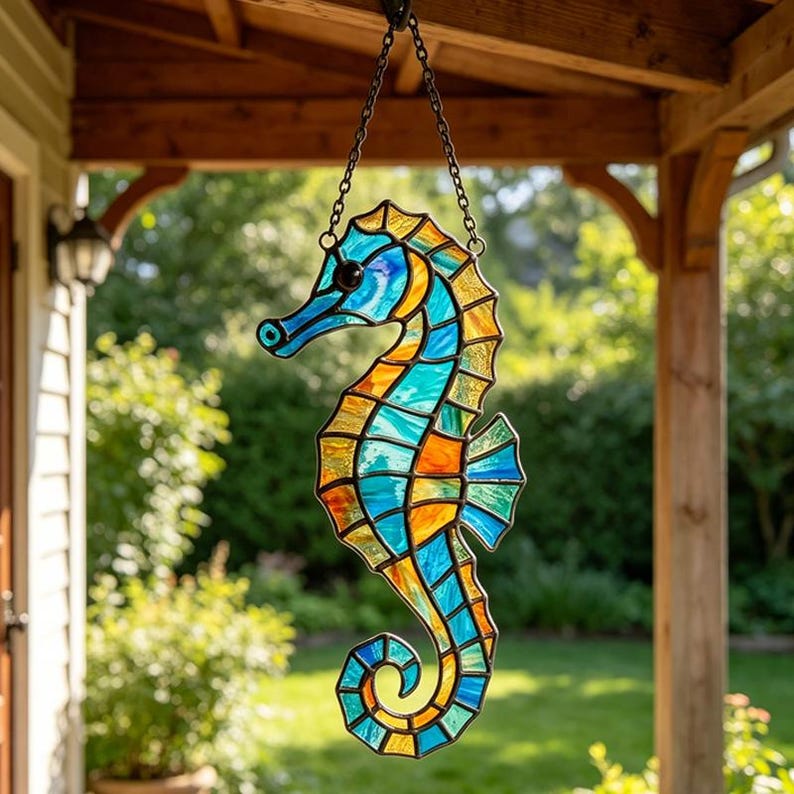 Seepferdchen Glasmalerei Suncatcher, Ozean Fensterbehang, Küstenglas Wanddekoration, Strandhaus Dekor, 4-12 Zoll