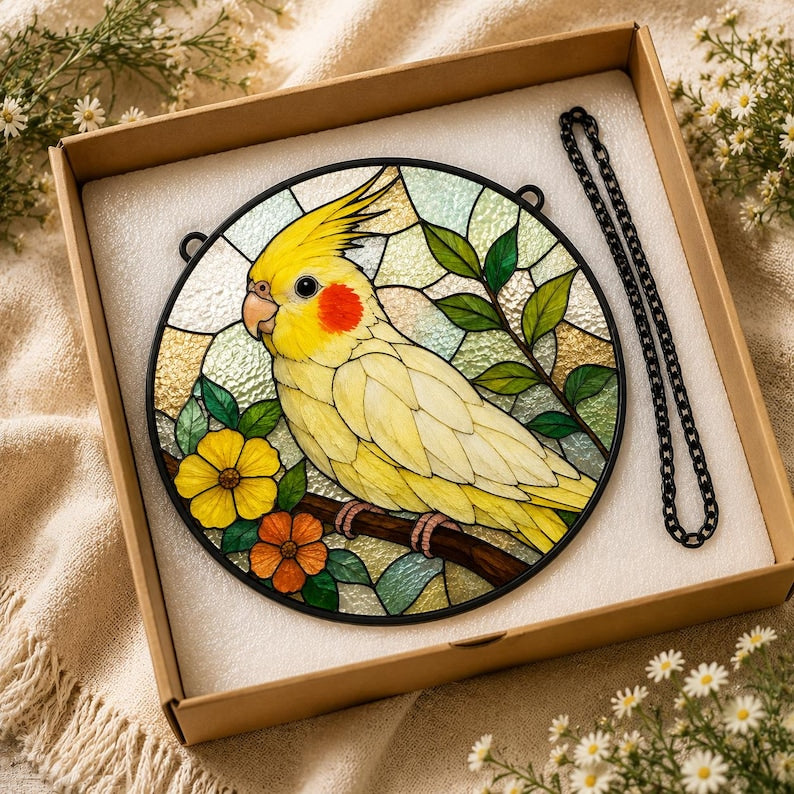 Nymphensittich Suncatcher, Glasmalerei-Gedenkfenster, Vogel-Liebhaber Geschenk, handgefertigt