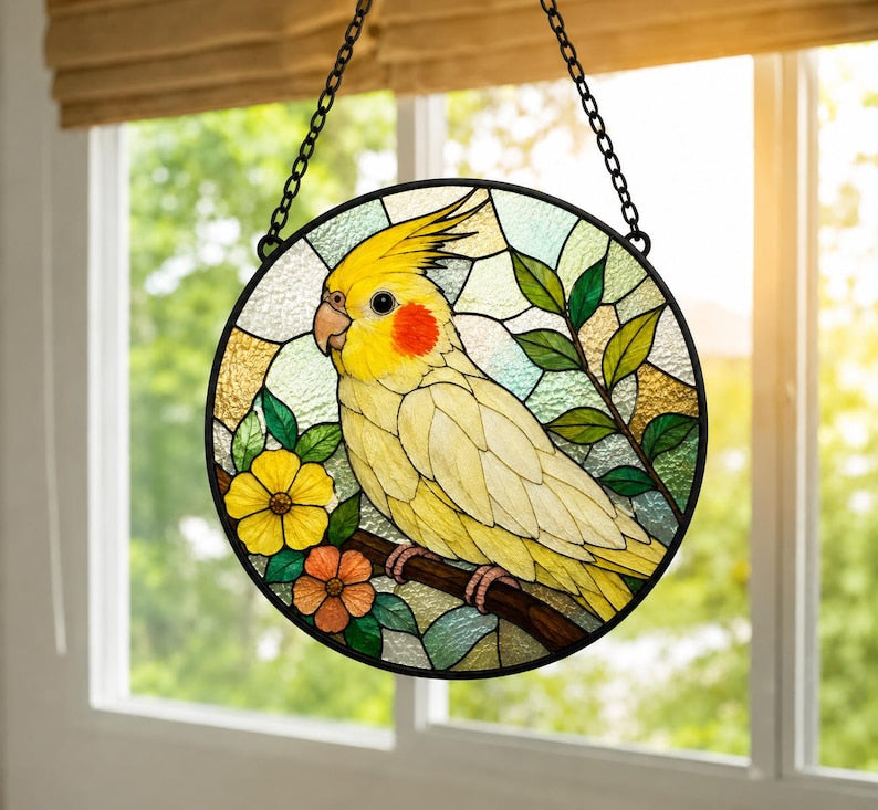 Nymphensittich Suncatcher, Glasmalerei-Gedenkfenster, Vogel-Liebhaber Geschenk, handgefertigt
