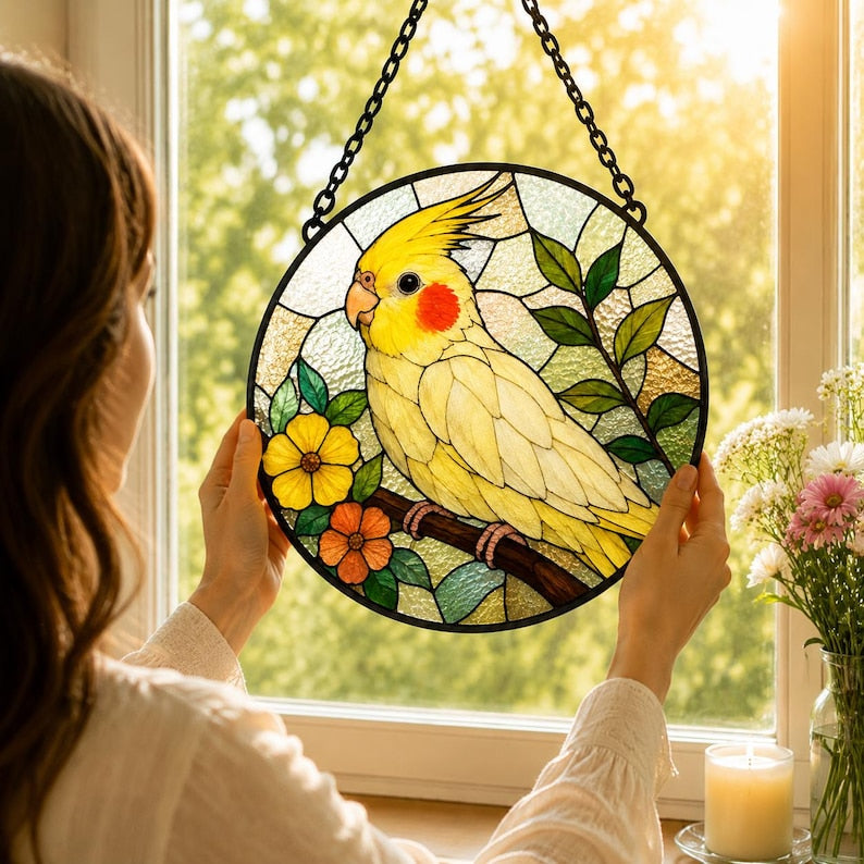 Nymphensittich Suncatcher, Glasmalerei-Gedenkfenster, Vogel-Liebhaber Geschenk, handgefertigt