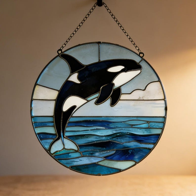 Runder Orca Sonnenfänger aus Glas – Fensterschmuck, Ozean Deko, Küsten & Nautische Dekoration