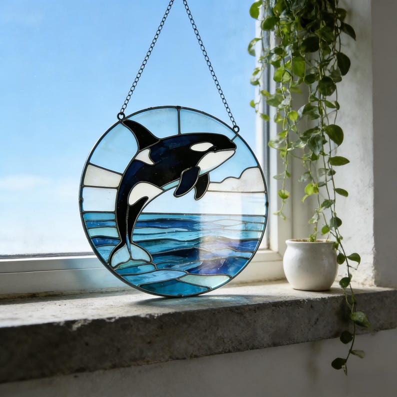 Runder Orca Sonnenfänger aus Glas – Fensterschmuck, Ozean Deko, Küsten & Nautische Dekoration