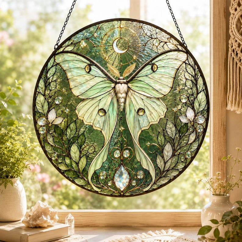 Glas Sonnenfänger Fensterbehang, Buntglas Schmetterling Suncatcher, Grünes Blumenglas Wanddekor, 6-11,8 Zoll