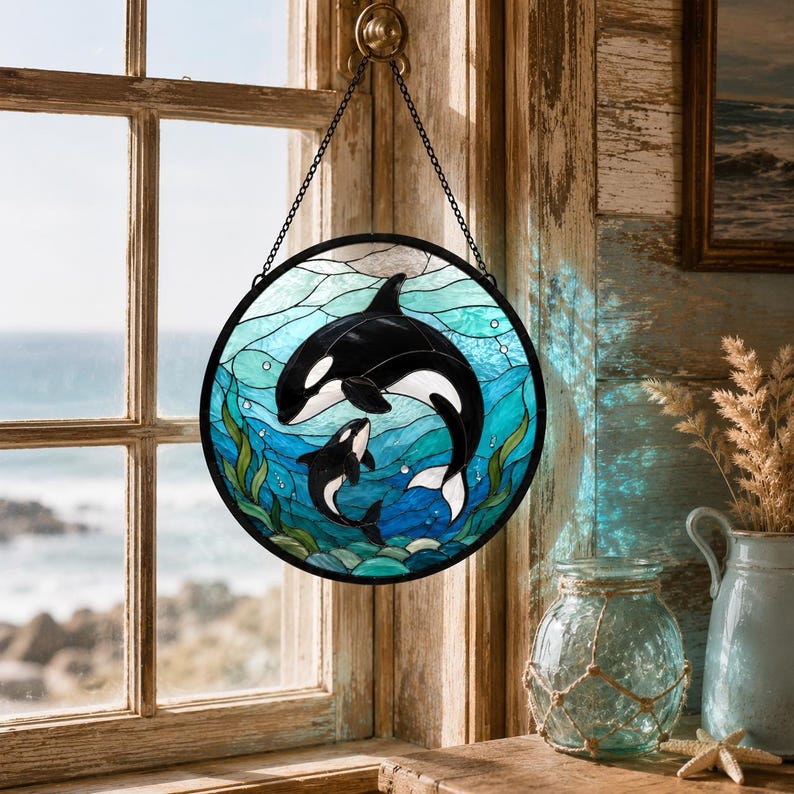 Runder Orca Glasmalerei Suncatcher - Fensterbehang mit zwei Schwertwalen in Meereswellen - Ozean Wanddeko
