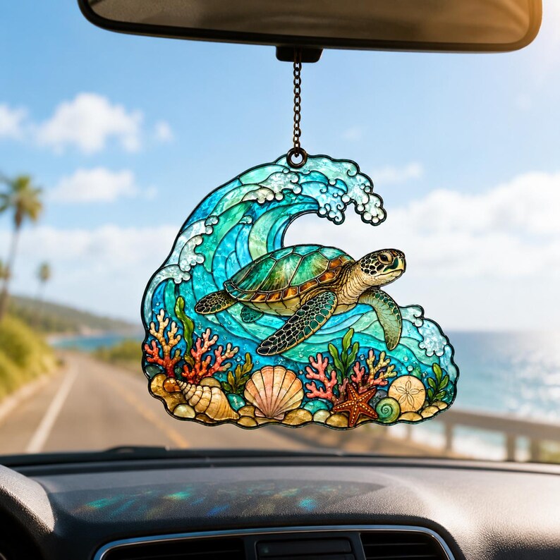Meeresschildkröte Acryl Suncatcher, Ozeanwelle Fensterbehang, Küstenstrand Hausdekor