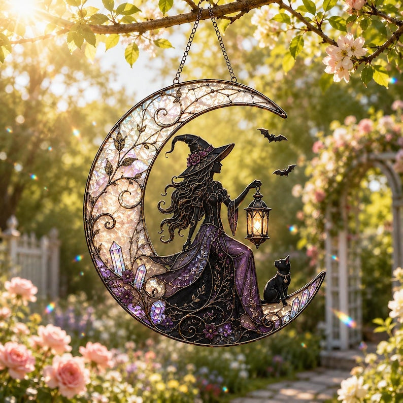 Holografischer Acryl-Fensterschmuck – Hexe, Mond, Katze, Sonnenfänger, Gothic Kristall, Halloween