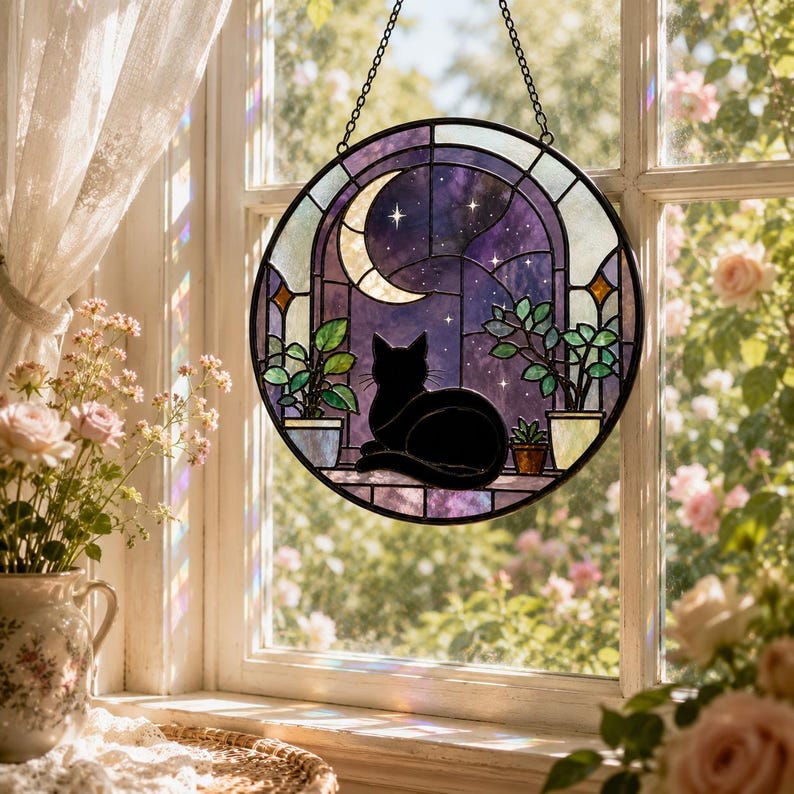 Schwarze Katze Buntglas Sonnenfänger Halbmond Fensterschmuck Gothic Dekoration