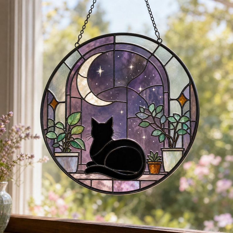 Schwarze Katze Buntglas Sonnenfänger Halbmond Fensterschmuck Gothic Dekoration