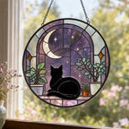Schwarze Katze Buntglas Sonnenfänger Halbmond Fensterschmuck Gothic Dekoration