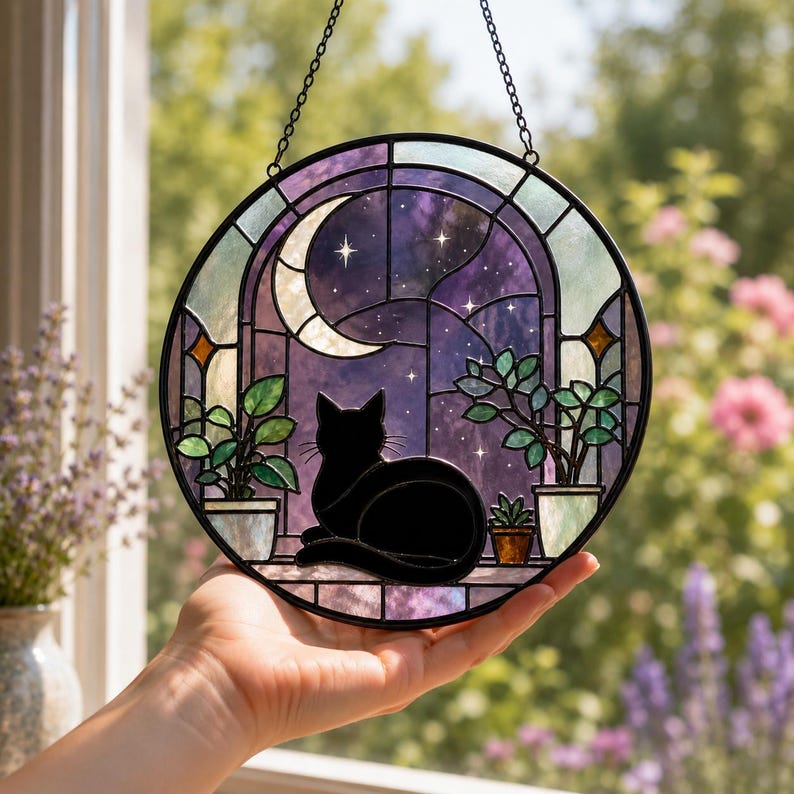 Schwarze Katze Buntglas Sonnenfänger Halbmond Fensterschmuck Gothic Dekoration
