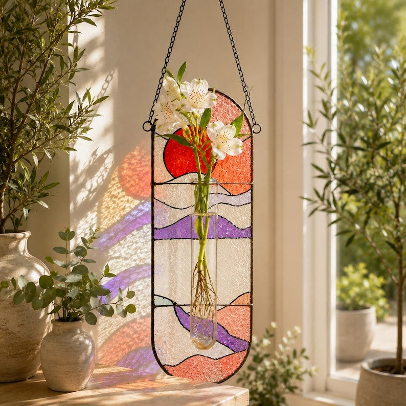 Hängende Glas-Vermehrungsvase Suncatcher, Fensterdeko, handgefertigter Pflanzenhalter, 3 Designs