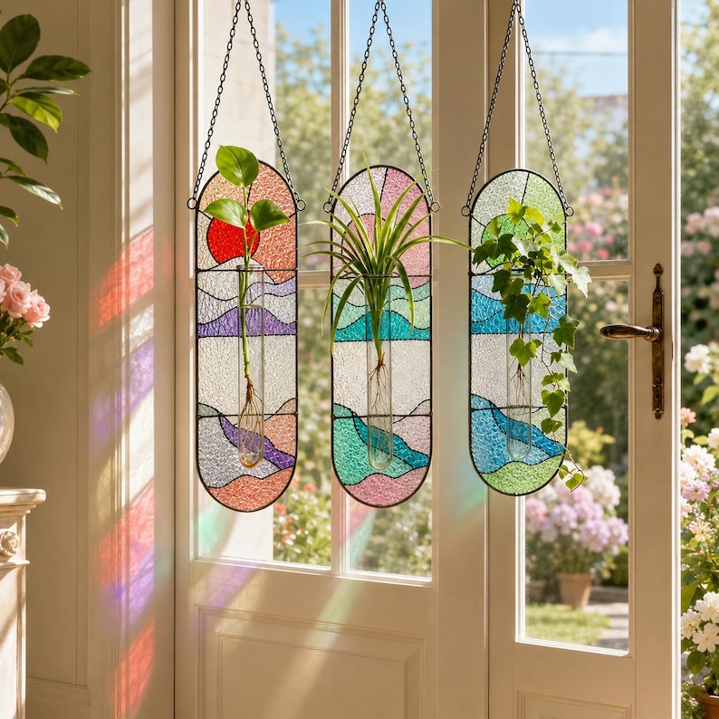 Hängende Glas-Vermehrungsvase Suncatcher, Fensterdeko, handgefertigter Pflanzenhalter, 3 Designs