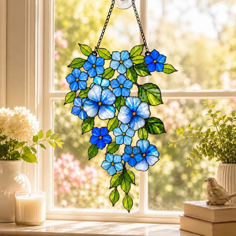 Blauer Vergissmeinnicht-Sonnenfänger aus bedrucktem Acrylglas, Fensterdekoration, Gartendekoration