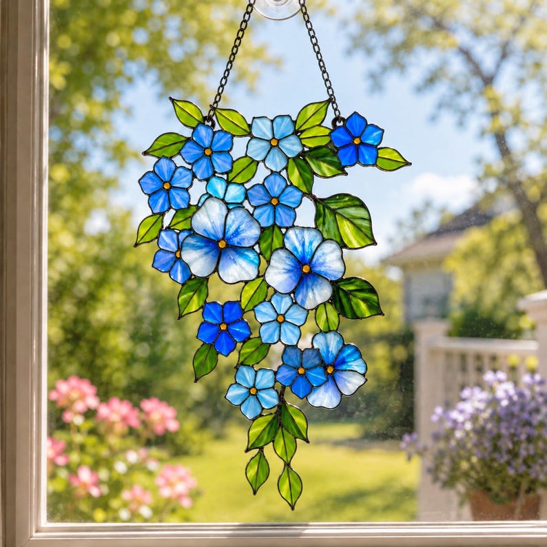Blauer Vergissmeinnicht-Sonnenfänger aus bedrucktem Acrylglas, Fensterdekoration, Gartendekoration