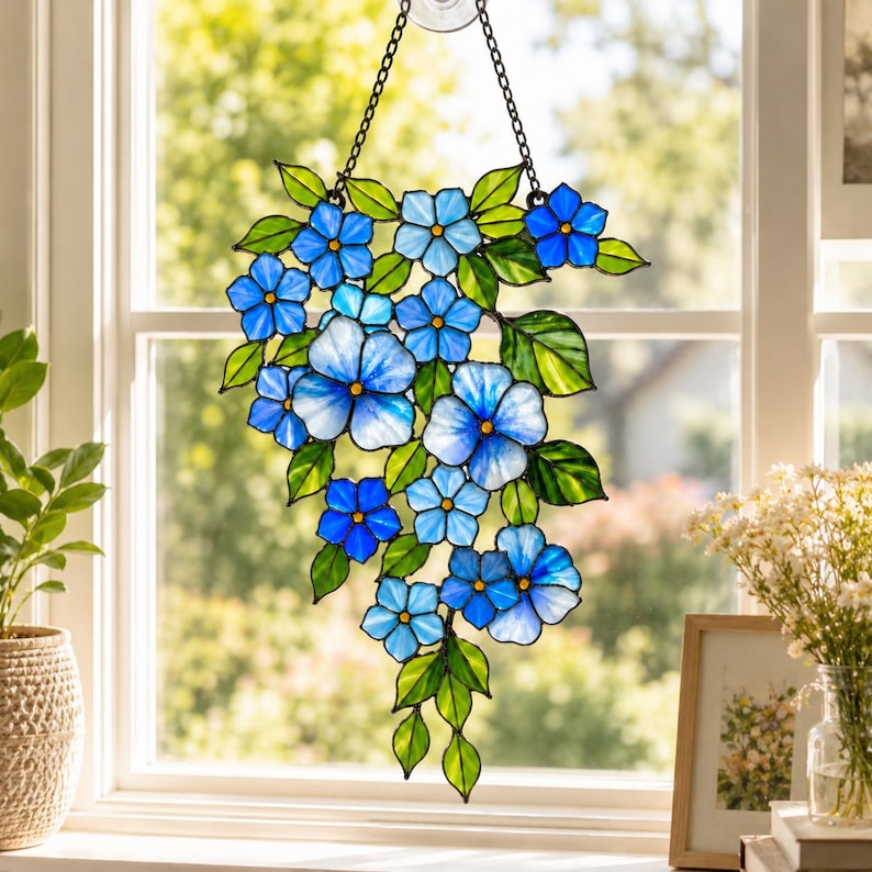 Blauer Vergissmeinnicht-Sonnenfänger aus bedrucktem Acrylglas, Fensterdekoration, Gartendekoration