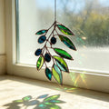 Buntglas Sonnenfänger Olivenzweig grünes Blatt Fensterhänger botanische Dekoration