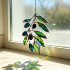 Buntglas Sonnenfänger Olivenzweig grünes Blatt Fensterhänger botanische Dekoration