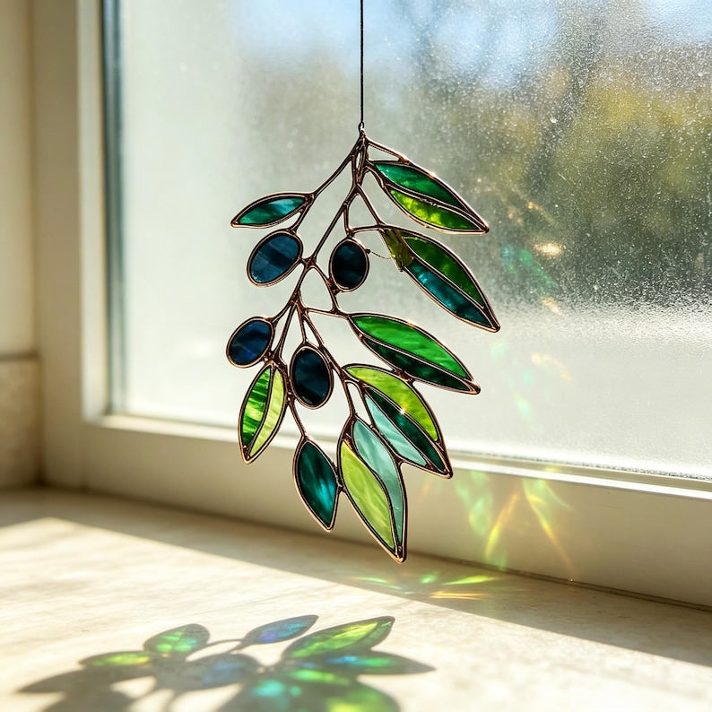 Buntglas Sonnenfänger Olivenzweig grünes Blatt Fensterhänger botanische Dekoration