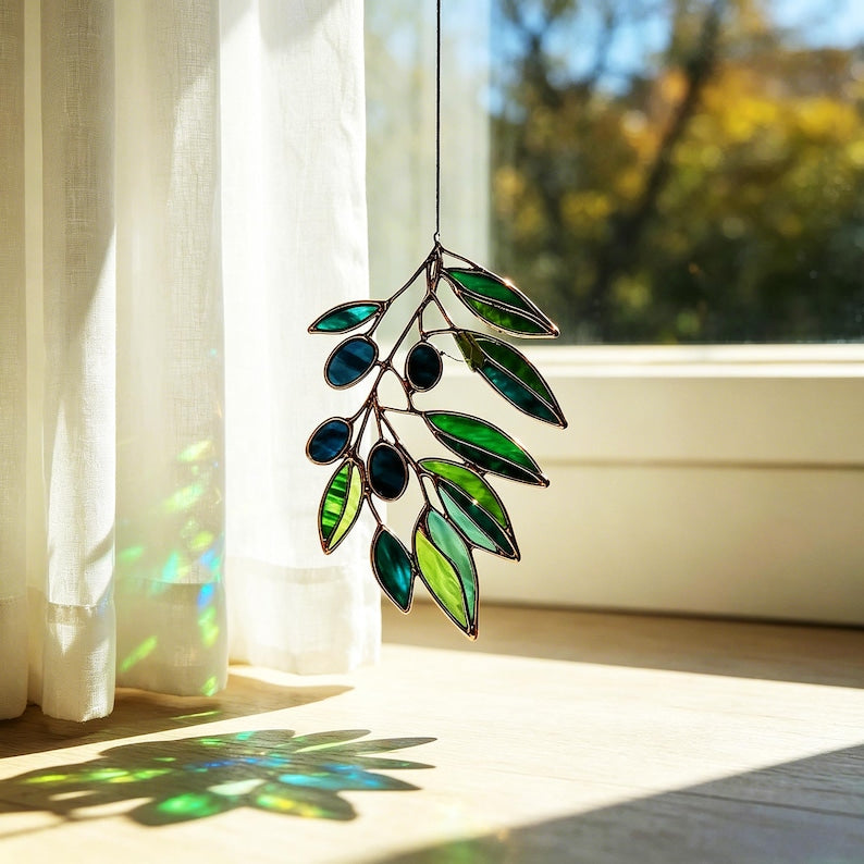 Buntglas Sonnenfänger Olivenzweig grünes Blatt Fensterhänger botanische Dekoration