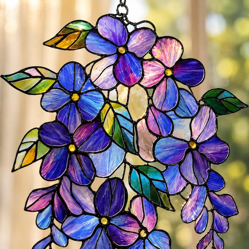 Lila Glyzinien Sonnenfänger, 2D Acryl Blume Fenster hängen Dekor, Glasmalerei Stil, 15 cm