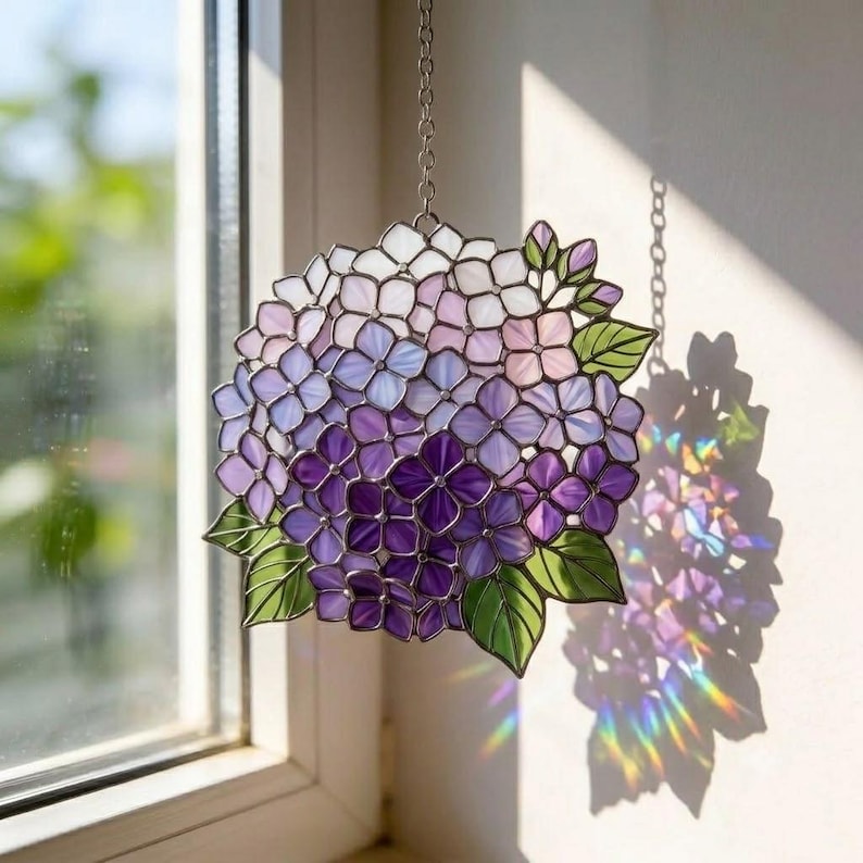 Acryl Suncatcher Lila Hortensie Blumen Fensterschmuck Boho Dekor
