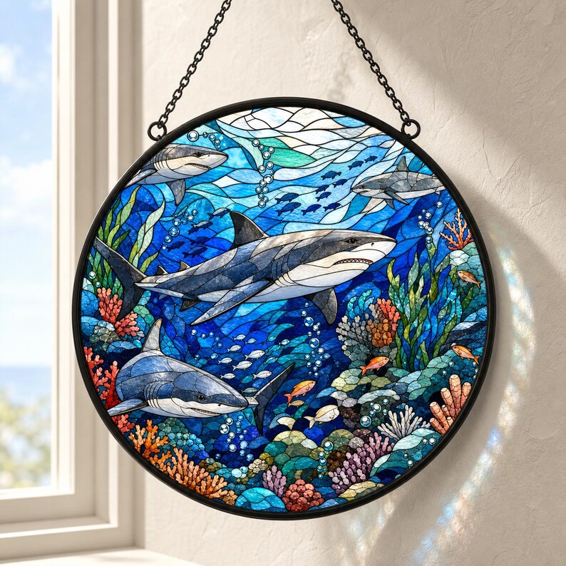 Hai Glasmalerei Suncatcher, Runder Fensterbehang Küstendekor, Ocean Strandhaus Wandkunst, Nautisches Meeresleben Geschenk