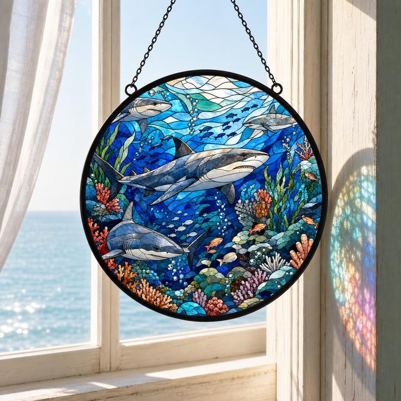Hai Glasmalerei Suncatcher, Runder Fensterbehang Küstendekor, Ocean Strandhaus Wandkunst, Nautisches Meeresleben Geschenk