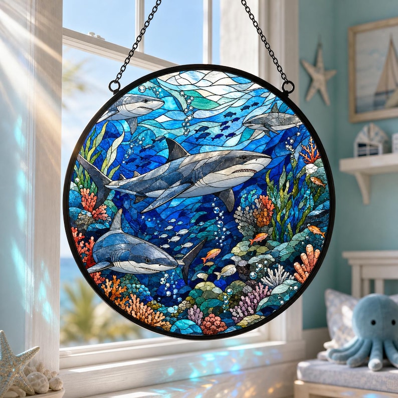 Hai Glasmalerei Suncatcher, Runder Fensterbehang Küstendekor, Ocean Strandhaus Wandkunst, Nautisches Meeresleben Geschenk