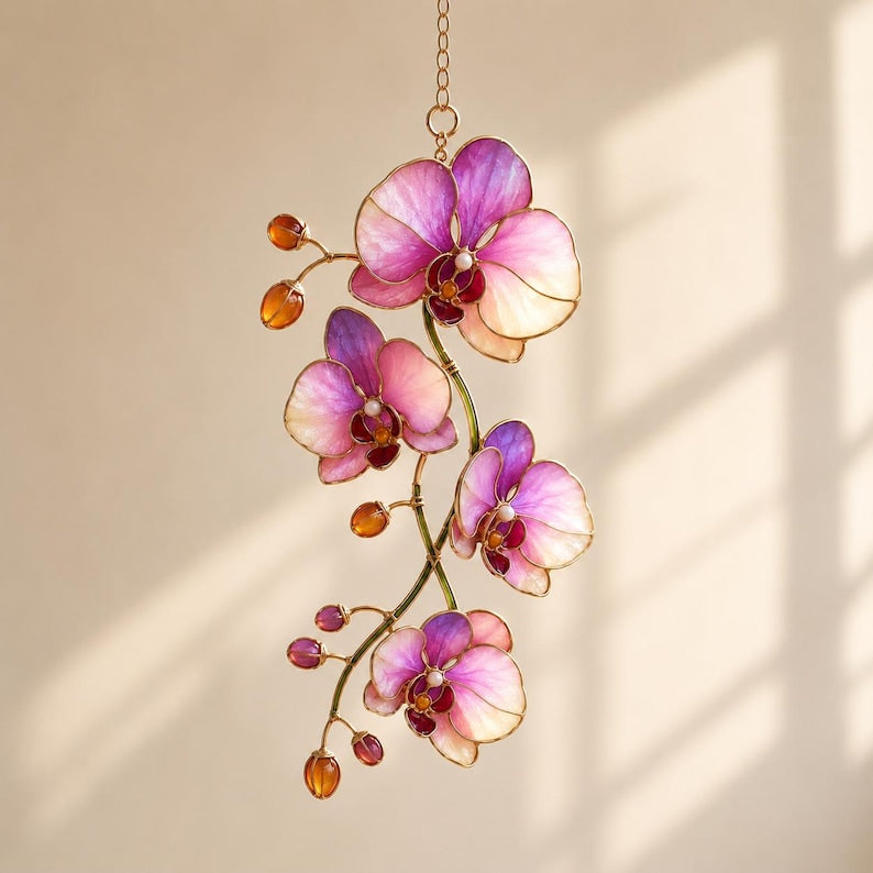 Wellenförmiger Acryl-Orchideen-Sonnenfänger, rosa-lila, Fensterhänger, exotische Blume