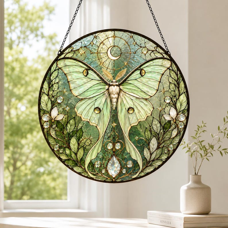 Glas Sonnenfänger Fensterbehang, Buntglas Schmetterling Suncatcher, Grünes Blumenglas Wanddekor, 6-11,8 Zoll
