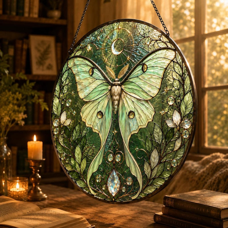 Glas Sonnenfänger Fensterbehang, Buntglas Schmetterling Suncatcher, Grünes Blumenglas Wanddekor, 6-11,8 Zoll