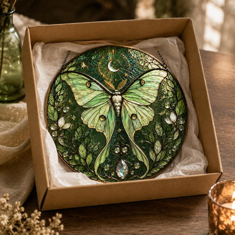 Glas Sonnenfänger Fensterbehang, Buntglas Schmetterling Suncatcher, Grünes Blumenglas Wanddekor, 6-11,8 Zoll
