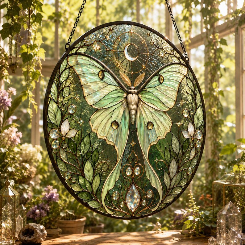 Glas Sonnenfänger Fensterbehang, Buntglas Schmetterling Suncatcher, Grünes Blumenglas Wanddekor, 6-11,8 Zoll