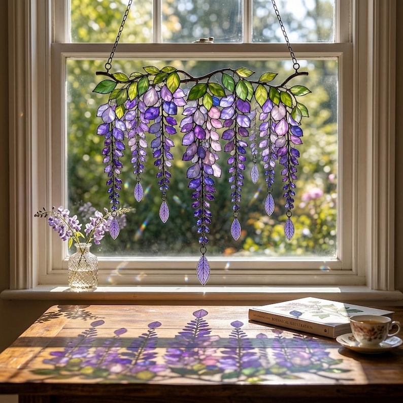 Glyzinien Suncatcher Acryl Fensterbehang Faux Buntglas Lila Blume Dekor