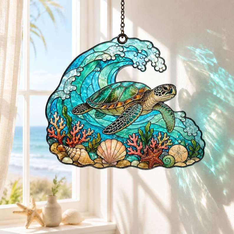 Meeresschildkröte Acryl Suncatcher, Ozeanwelle Fensterbehang, Küstenstrand Hausdekor