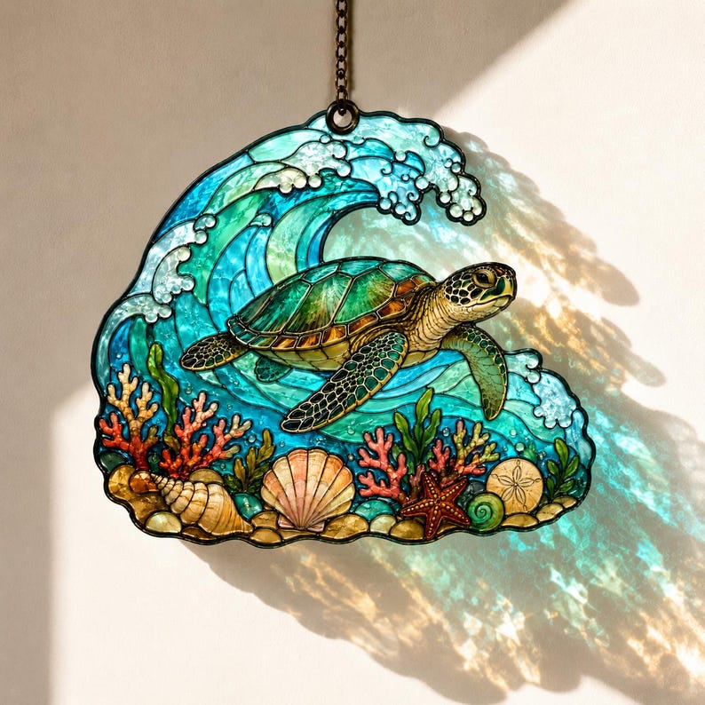 Meeresschildkröte Acryl Suncatcher, Ozeanwelle Fensterbehang, Küstenstrand Hausdekor