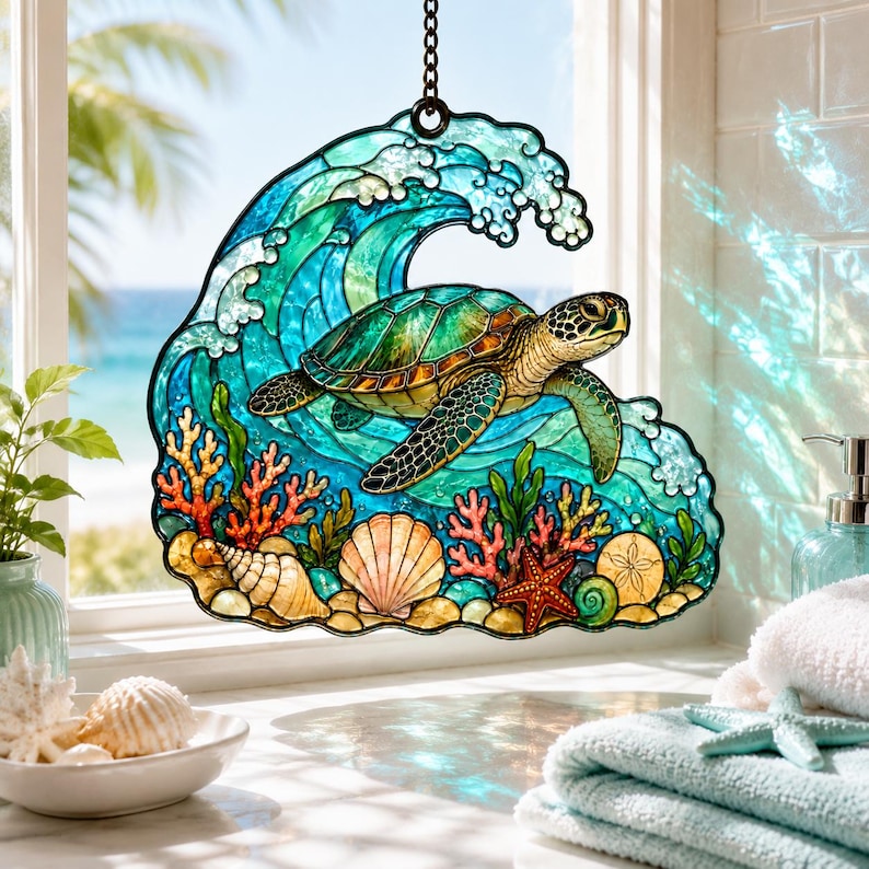 Meeresschildkröte Acryl Suncatcher, Ozeanwelle Fensterbehang, Küstenstrand Hausdekor