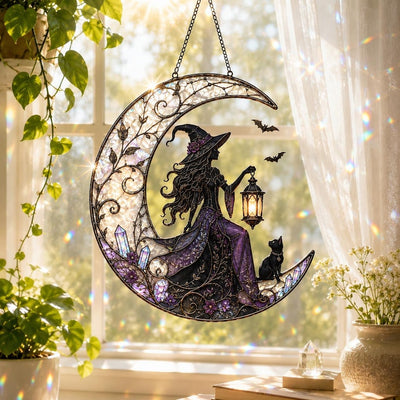 Holografischer Acryl-Fensterschmuck – Hexe, Mond, Katze, Sonnenfänger, Gothic Kristall, Halloween