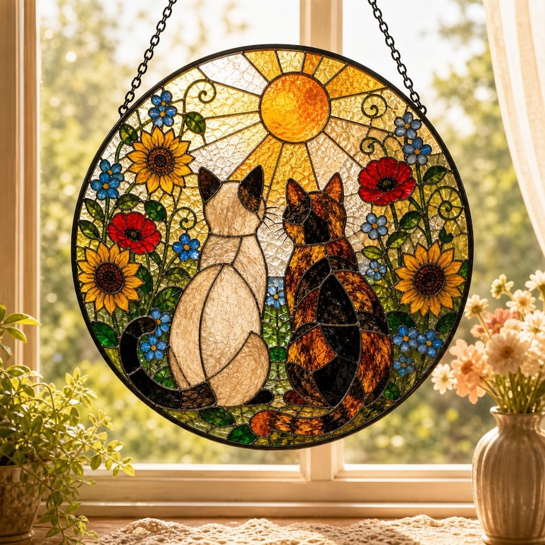 Runder Buntglas-Sonnenfänger mit Katzenpaar, 6-12 Zoll, für Fenster