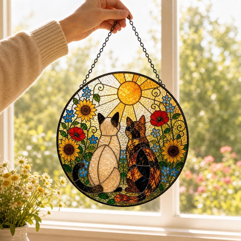 Runder Buntglas-Sonnenfänger mit Katzenpaar, 6-12 Zoll, für Fenster