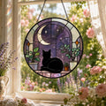 Schwarze Katze Buntglas Sonnenfänger Halbmond Fensterschmuck Gothic Dekoration