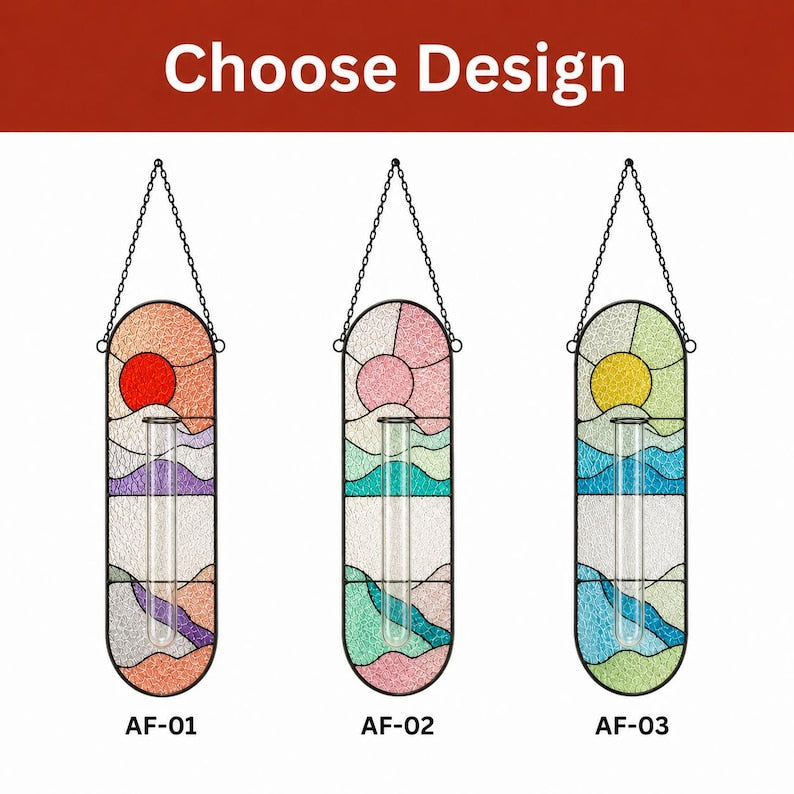 Hängende Glas-Vermehrungsvase Suncatcher, Fensterdeko, handgefertigter Pflanzenhalter, 3 Designs