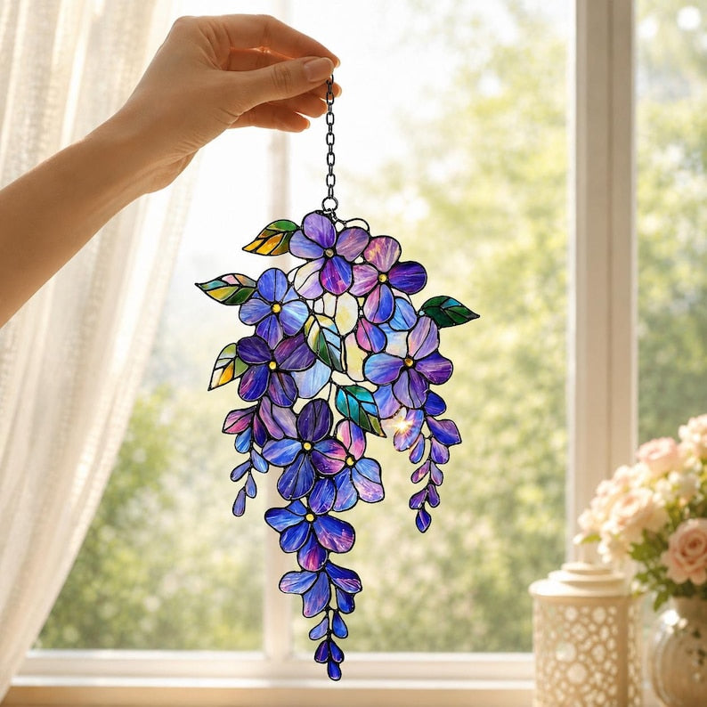 Lila Glyzinien Sonnenfänger, 2D Acryl Blume Fenster hängen Dekor, Glasmalerei Stil, 15 cm